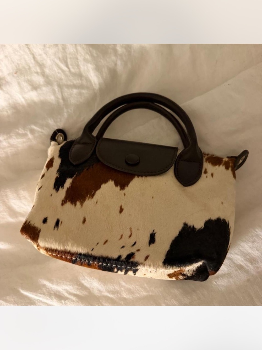 Cowhide-Print Mini Top-Handle Bag in Brown, Black & Cream